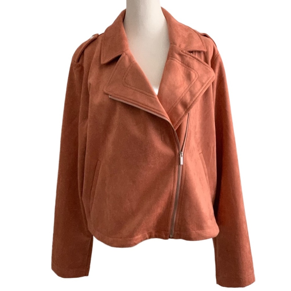 LAUREN CONRAD Women’s Dark Salmon Pink Faux Suede Velvet Moto Jacket